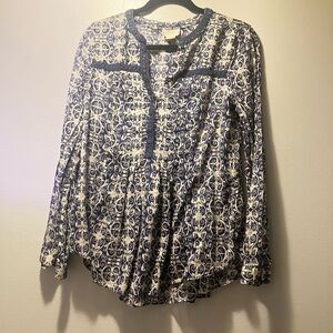 Maeve Navy and Cream Patterned Blouse